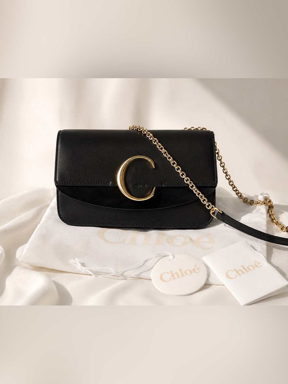 ✨ CHLOÉ C Leather Crossbody / Shoulder Bag – Black & Gold | Authenticated